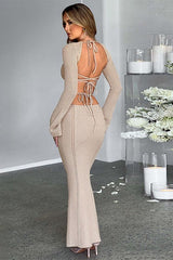 Long-sleeved hollow strap backless dress