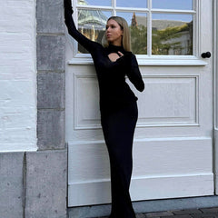 High Collar Hollow Out Cutout Out Knitted Pencil  Elegant Slim Fit Maxi Dress