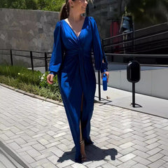 Collar Solid Color Long Sleeve Slim Fit Slit Noble Dress