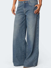 Loose Wide-Leg Printed Denim Trousers