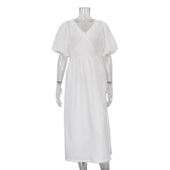 V neck Short Sleeve Lace up Dress French Office Solid Color Dress
