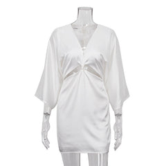 White Satin Deep V neck Hollow Out Cutout Twisted Three Quarter Sleeve Tight Dress
