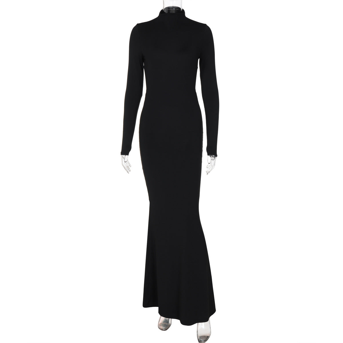 Solid Color Half Collar Long Sleeve Personalized Bare Back Maxi Dress
