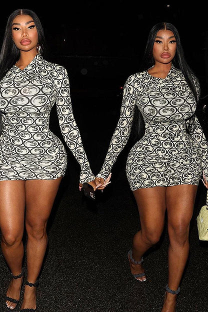 3D Digital Printing Long-Sleeved Oblique V-Neck Slim Dress
