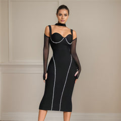 Wear Hollow Out Cutout Jeweled Stitching Bandage Dress Ladies Party Elegant Dress