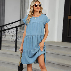 Solid Color Pullover round Neck Denim Dress Loose Casual Dress