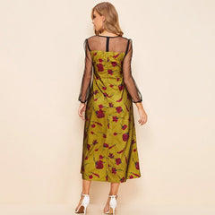 round Neck Long Sleeve Elastic Waist Long Patchwork Elegant Dress