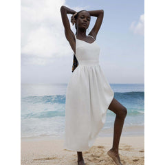 Cotton V-neck Suspender Long Dress