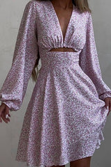 Long-Sleeved V-Neck pink Dress