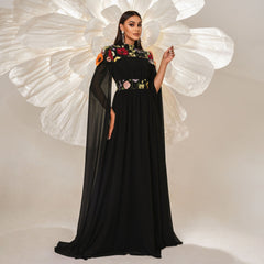 High End Turtleneck Long Cocktail Embroidered Evening Dress Bridesmaid Dress Waist Controlled Large Hem