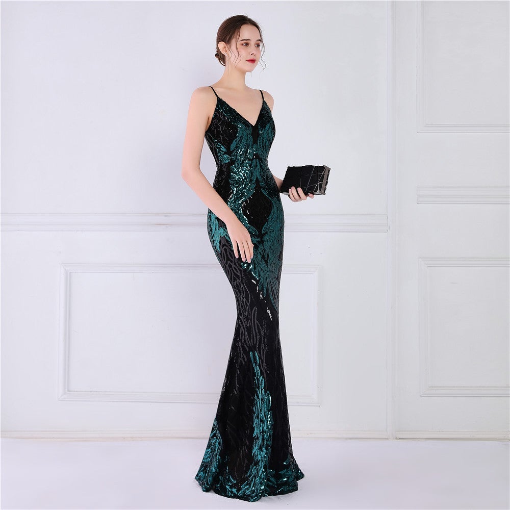 Wings Pattern Sequin Mesh Strappy Gown - Lady Occasions