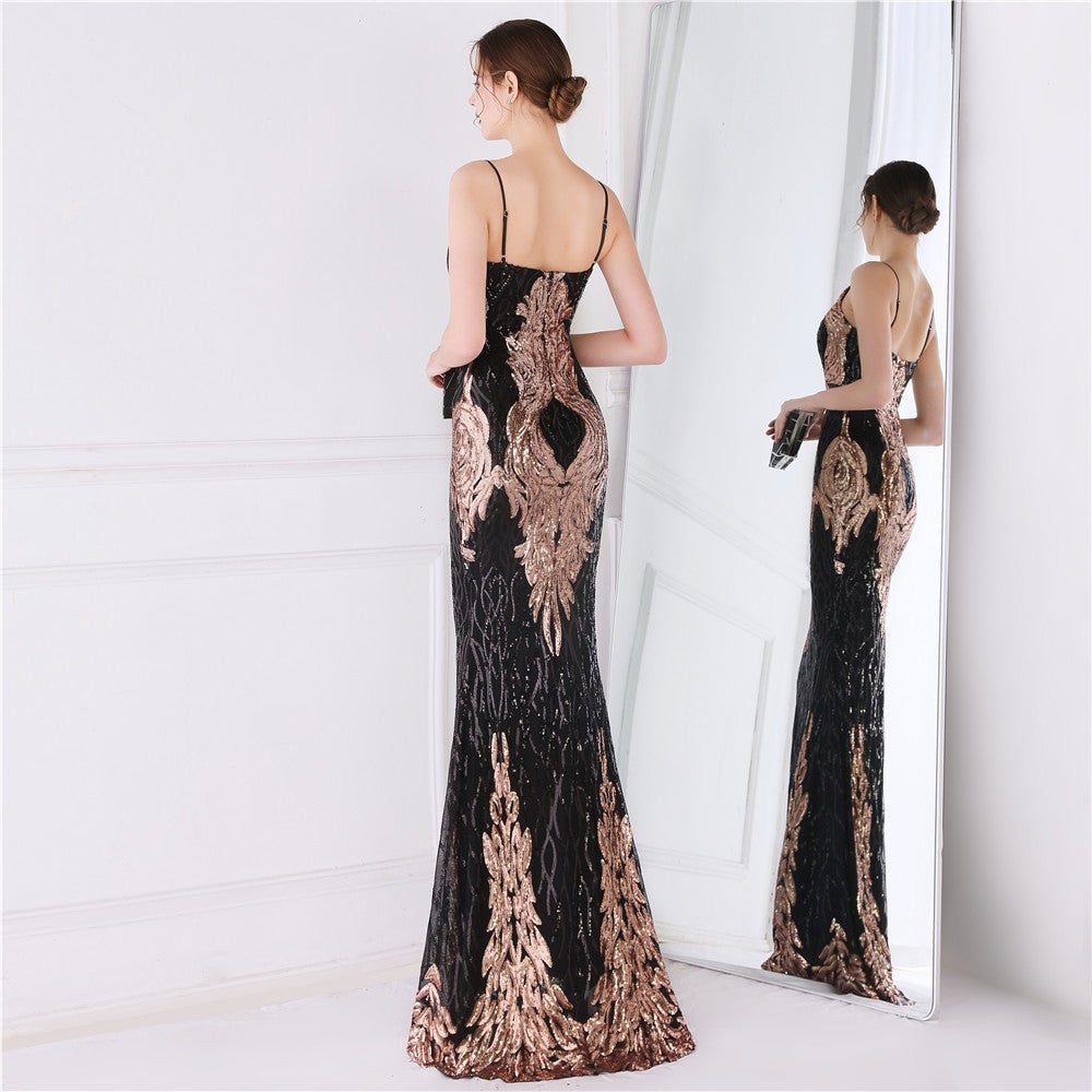 Wings Pattern Sequin Charming Mesh Strappy Gown