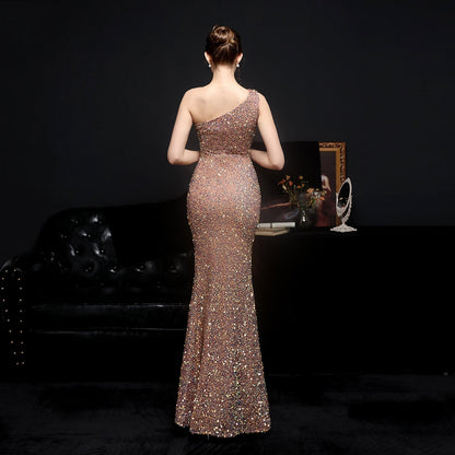 Heary dazzling sequined Charming one-shoulder asymmetric dress