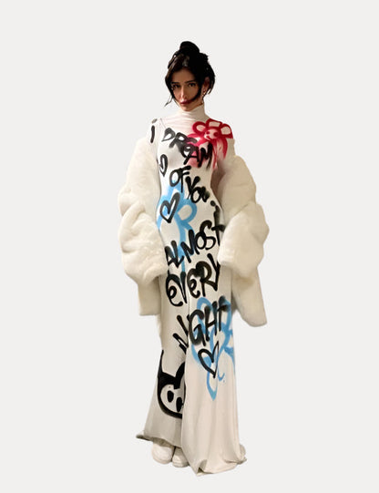 Graffiti Long Sleeve Cover Up Hip Tight Maxi Dress