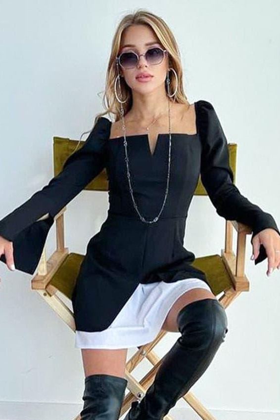 Puff sleeves square neck slits dress