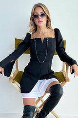 Puff sleeves square neck slits dress