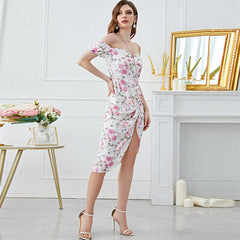 Floral Print off Neck High Waist Slit Dress