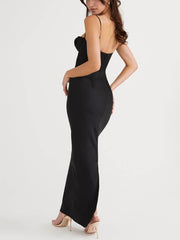 Pile Collar Satin Charming Pleated Suspender Maxi Skirt