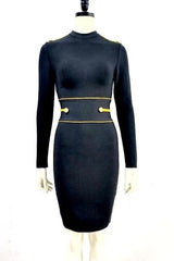 Gold Button Rivet Bandage Black Mini Long Sleeve Dress