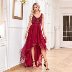Chiffon Bridesmaid Dress Double V neck Dress Sleeveless A line Large Hem Sequin Stitching Evening Dress