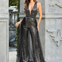 High Grade Sequined Shiny Jumpsuit Sleeveless Halter Backless Gauzy Design Evening Dress Organza