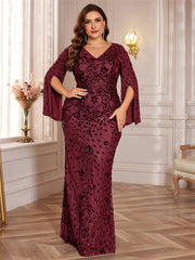 plus Size Sequined Long Sleeve Evening Cocktail Slim Fit Fishtail Long Toast Dress