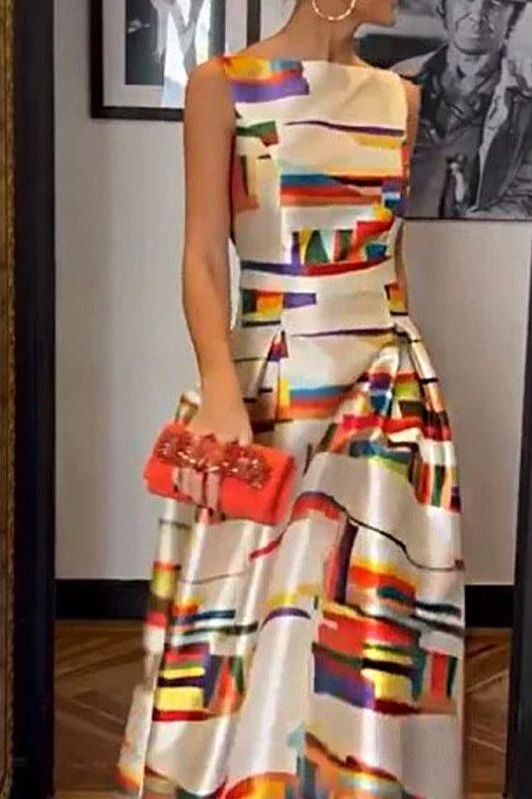 Printed Waist Slim Fit Sleeveless Casual Dress