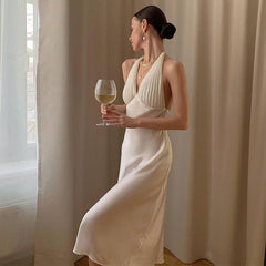 High Waist Midi Dress Strap Type Sleeveless V-neck One-Step Dress Pleated