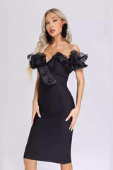 Bandage one-line strapless mesh black dress
