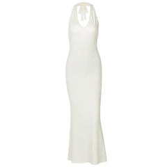 V neck Halter Maxi Dress Backless Slim Fit Solid Color