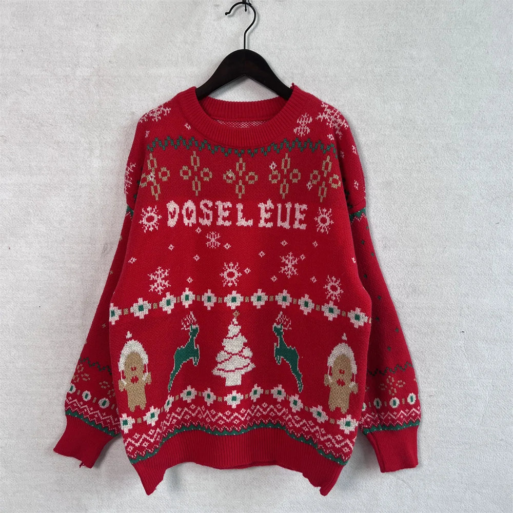 Fashion Korean Style Loose Pullover Christmas Red Sweater Sweaters-L