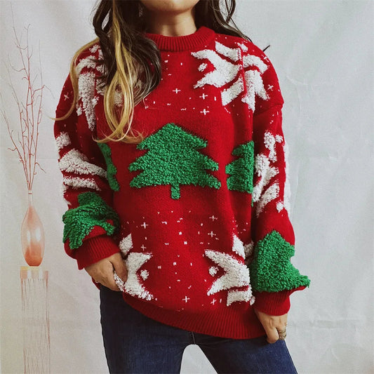 Green Tree Embroidery Knitted Pullover Casual Loose Retro Christmas Sweater