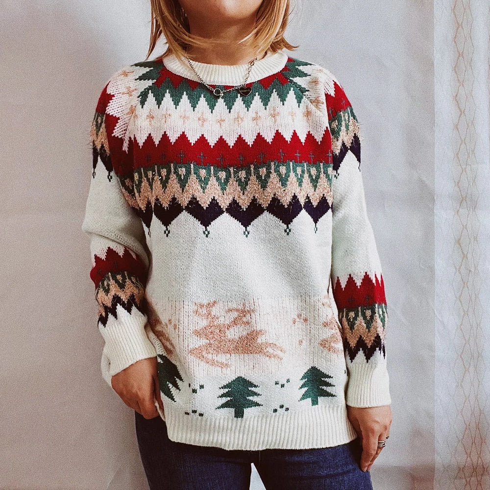 Elk Christmas Tree Gold Pullover Sweater Off-White / S Sweaters-L