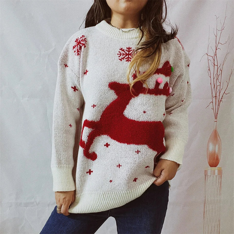 Korean Style Casual Loose Christmas Pullover Red Sweater Off-White / S Sweaters-L