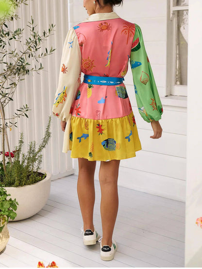 Graffiti Print Lace-Up Cardigan Loose Trendy Short Dress With Wide Hem