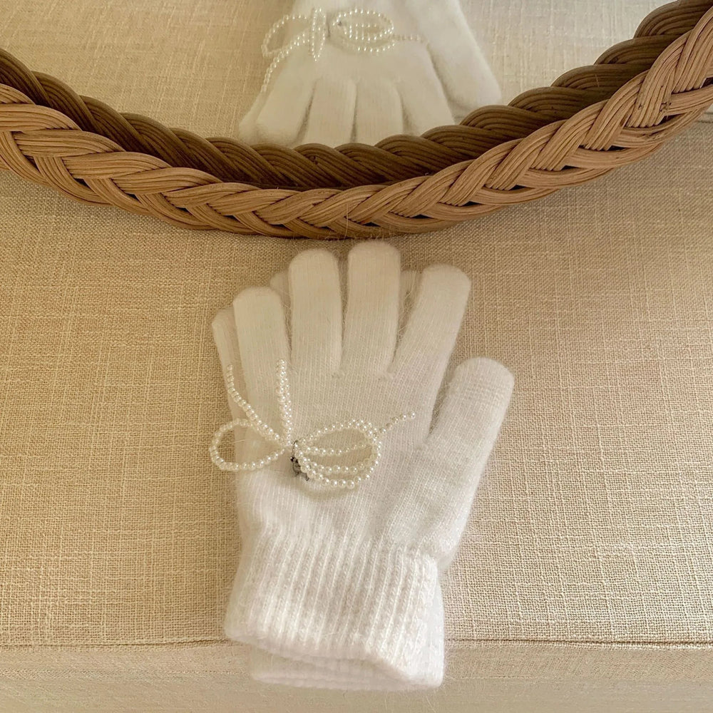 Pearl Bow Knot Winter Wool Furry Thickened Warm Soft Y2K Lolita Cosplay Christmas Gloves White