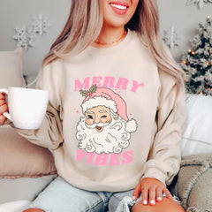 Pink Holiday Season Merry Vibes Cute Funny Kawaii Xmas Santa Christmas Hoodie Beige / S Hoodies-L