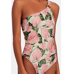Pink Printed One Shoulder Tie One Piece Swimsuit onepiece-250223