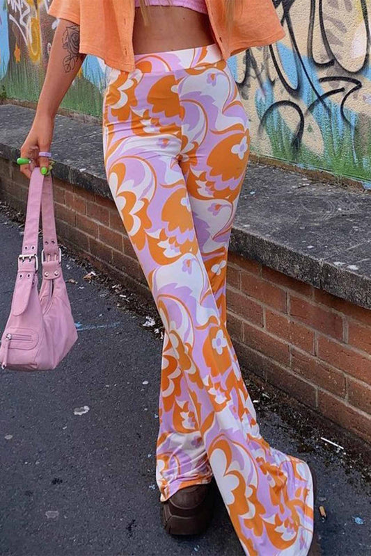 Printed Contrast Color Flared Pants