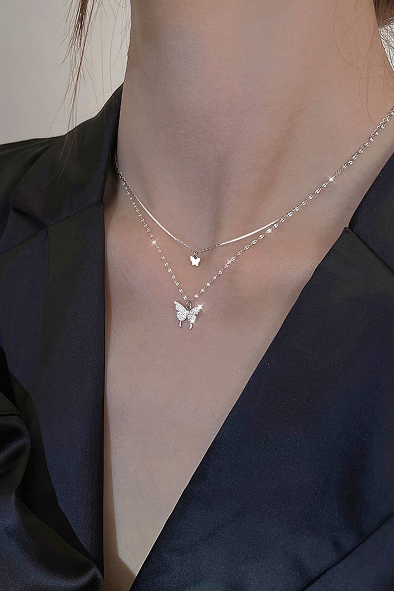 Pure Silver Double Layer Butterfly Necklace