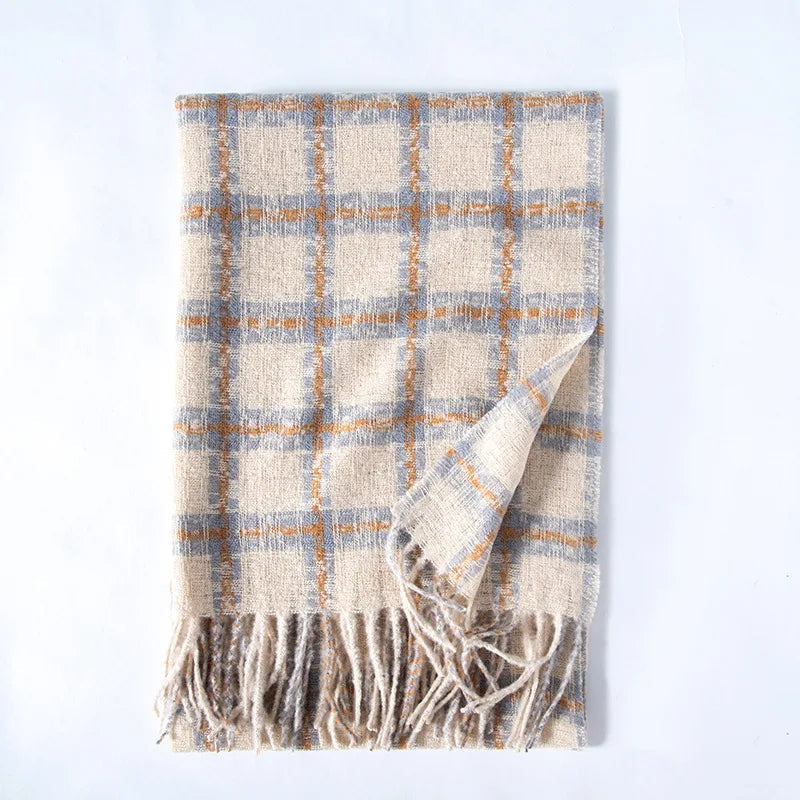 Red Plaid Cashmere Korean Style Fashion Warmer Hijab Pashmina Scarf For Women Cream-Colored Scarfs-L