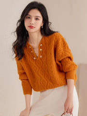 Gentle Temperament V-Neck Casual Autumn Winter Red Christmas Sweater Sweaters-L