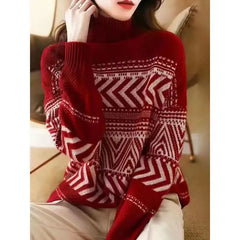 Loose Casual Versatile Fashionable High Neck Red Christmas Sweater Sweaters-L