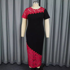 Round Neck Asymmetric Sleeves Dress Party Lace Stitching Contrast Color High Waisted Dress