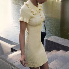 Ruffled Classic Dress Retro French Hepburn Tight Knitted Dress