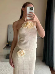 Knitted Crochet Slim Halter Beachwear Cover-Up Dress