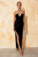 Solid Backless Halter Knit Slit Maxi Dress