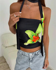 Ribbon Sleeveless Backless Floral Print Top