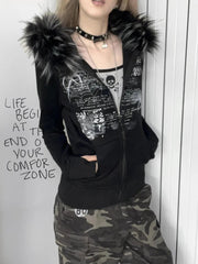 Dark Furry Patchwork Hooded Sweatshirt Black / S