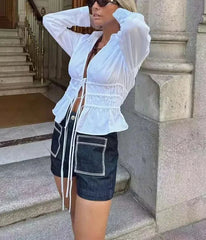 White Ruffle Tied Long Sleeve Women's Blouse